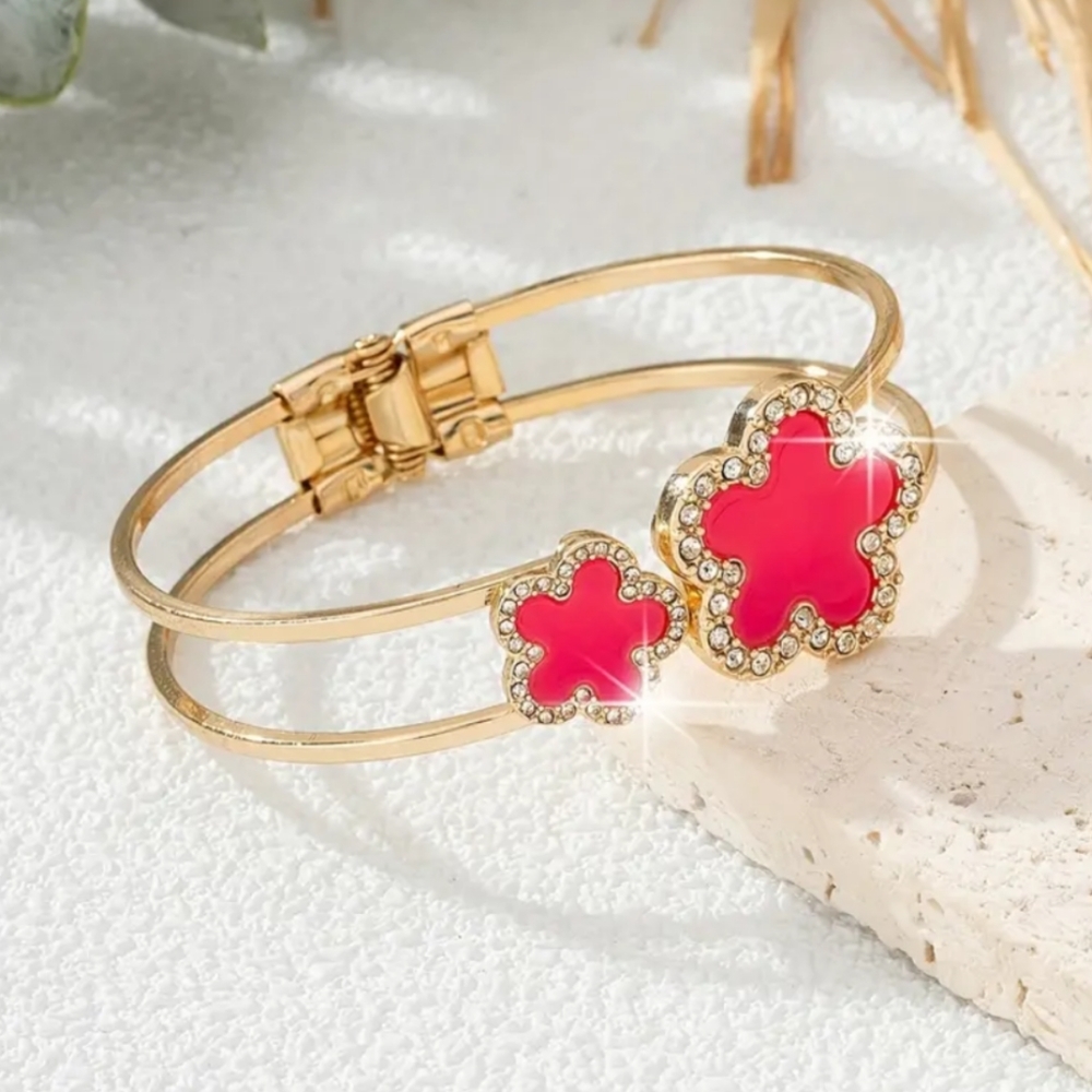 Pink flower Rhinestone Cuff Bracelet